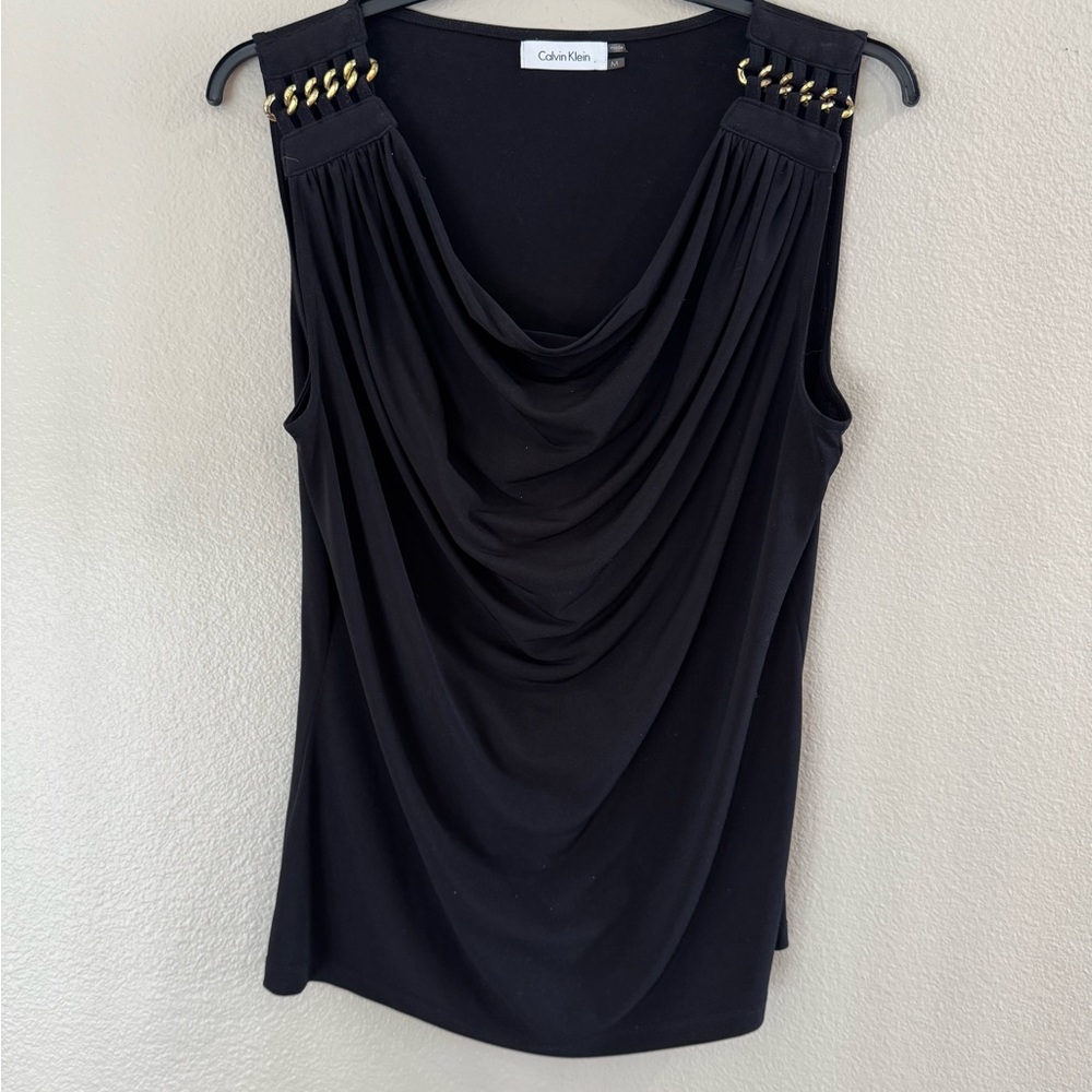 Calvin Klein Black and Gold Sleeveless Ruched Blouse